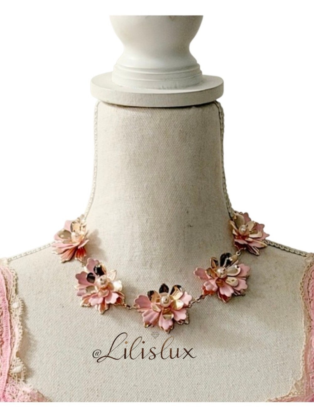 INC Pink And Gold With Center Pearls 3D Floral Statement Necklace NWOT Feminine